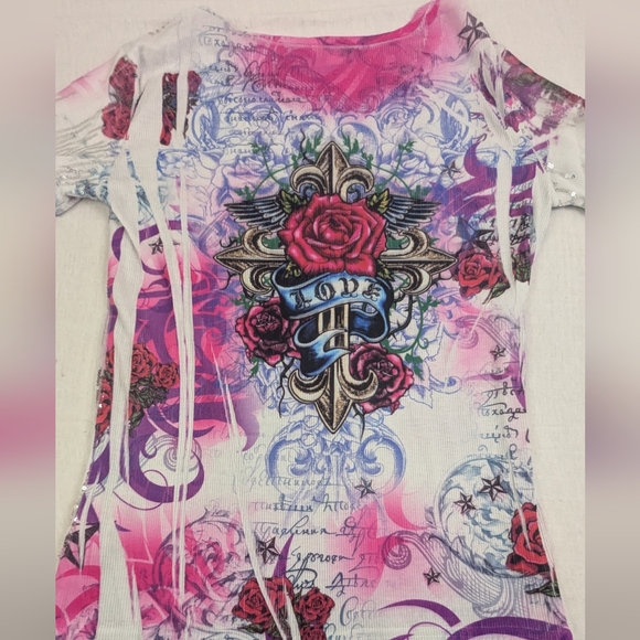 Passion Long Double Sleeve Blouse with Roses, Cross and Sequins Large - Picture 8 of 9